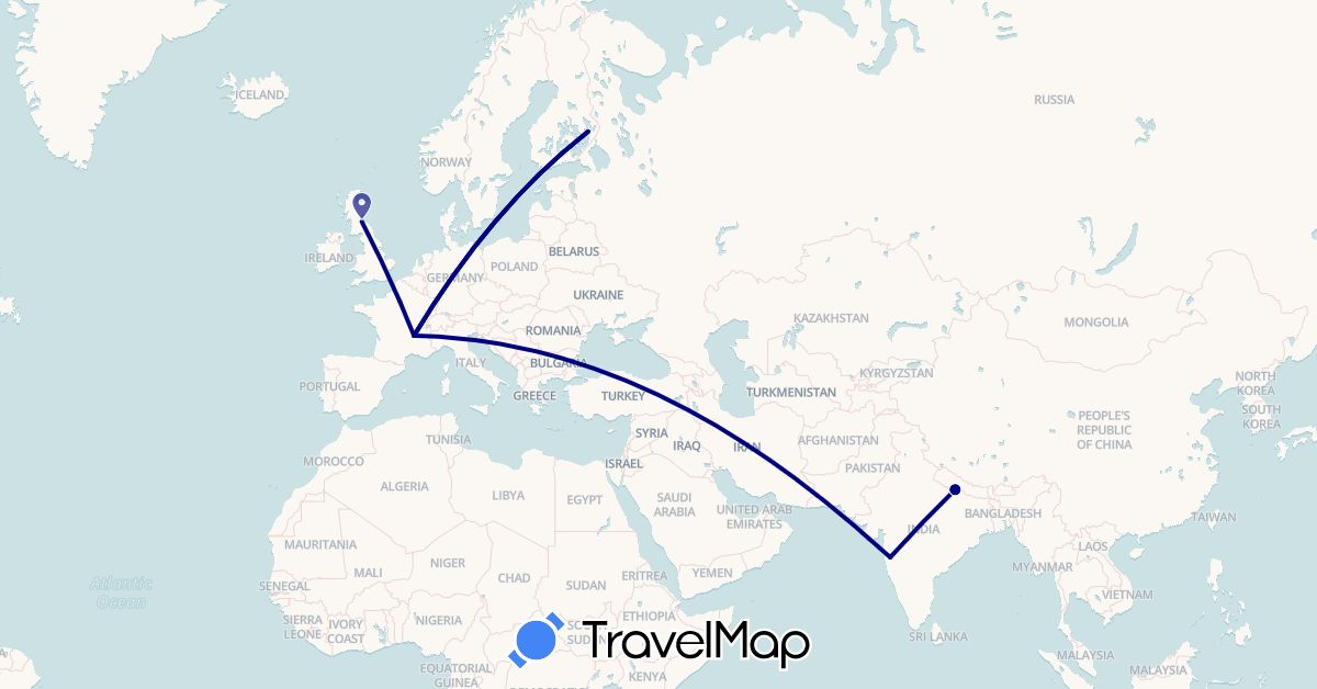 TravelMap itinerary: driving in Finland, France, United Kingdom, India, Nepal (Asia, Europe)